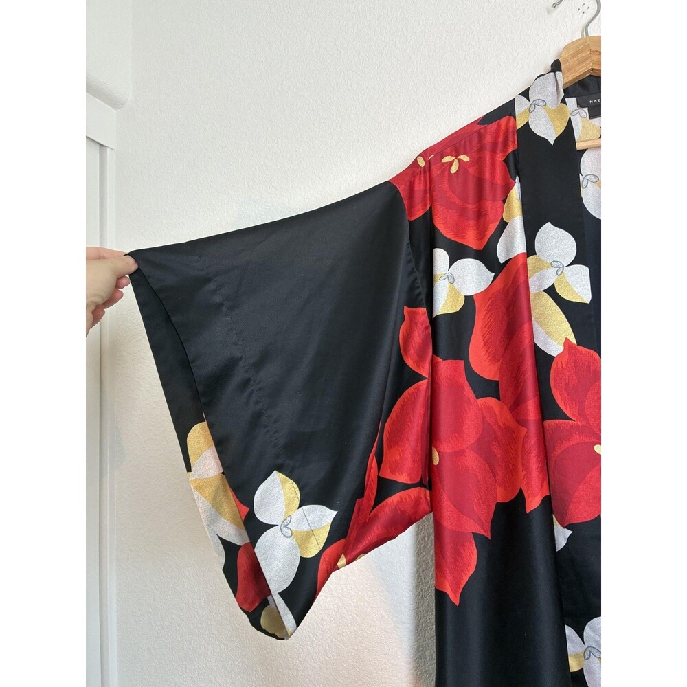 Natori Ginza Long Kimono Robe Womens One Size Black Satin Red Floral Lounge - Picture 5 of 15